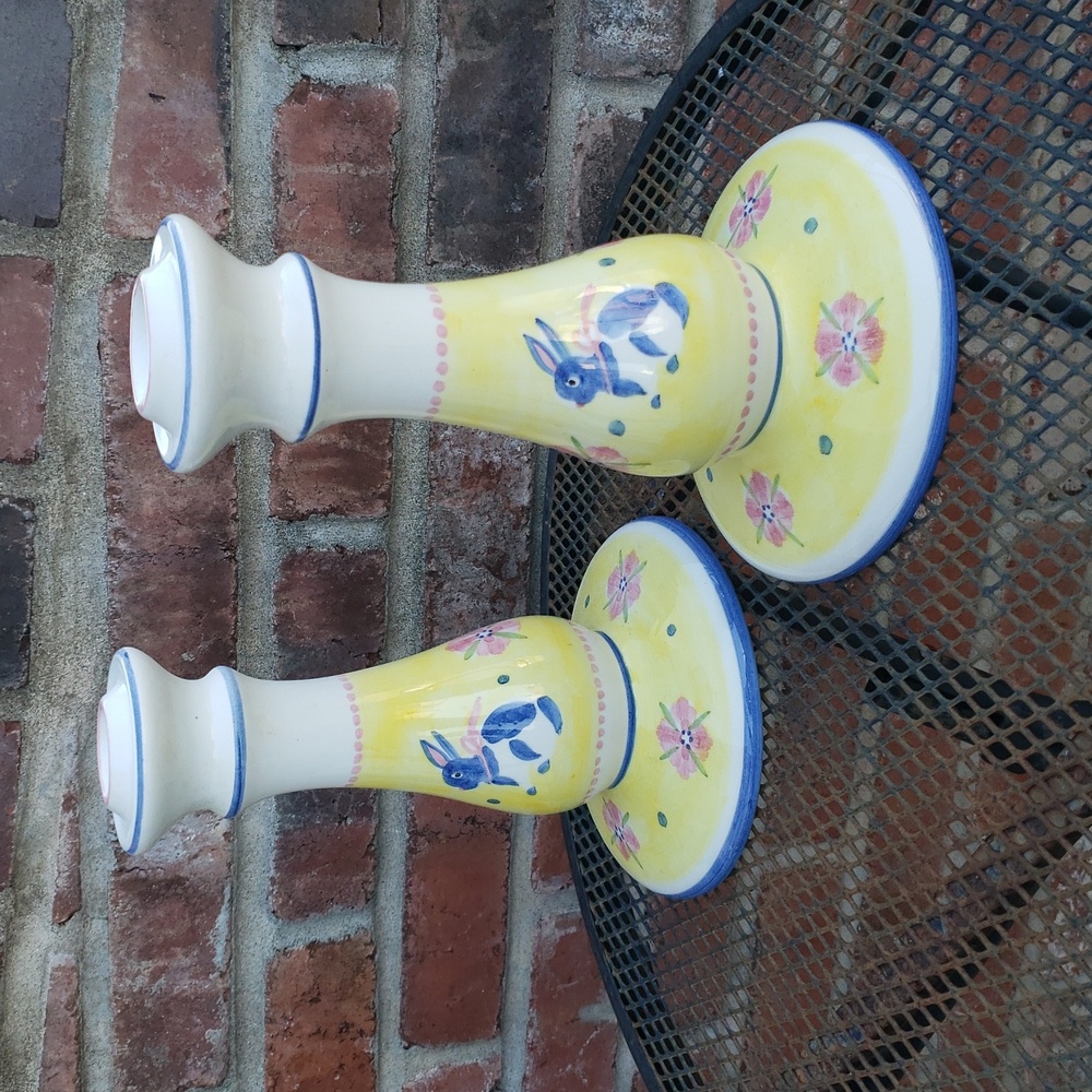 Andrea West Novelty Hand Painted Bunny Rabbits Floral Candlestick Holder Italy